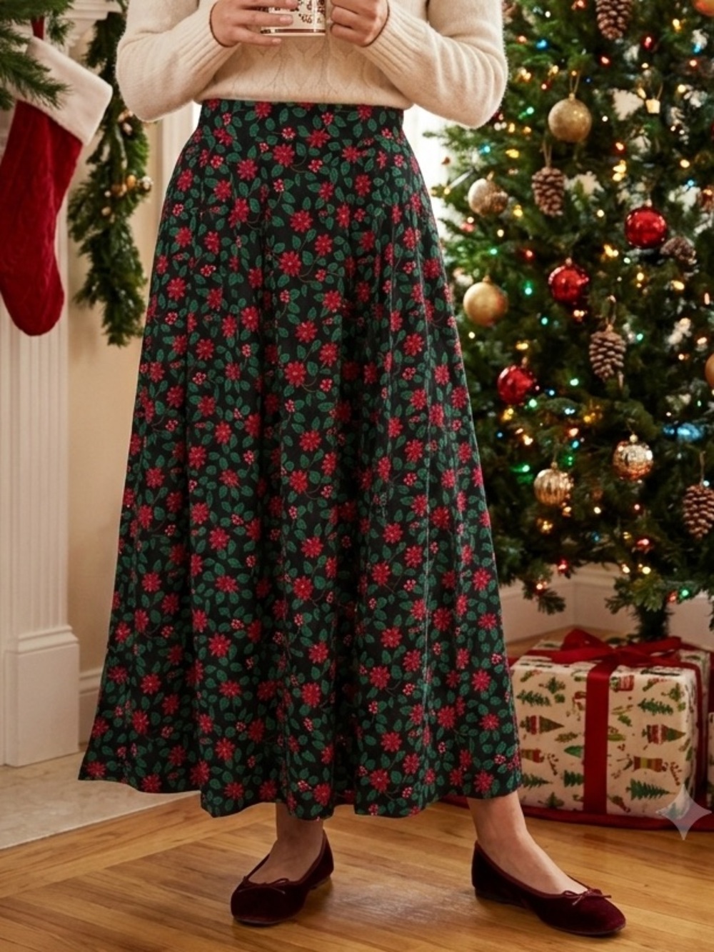 Vintage Bechamel Black Maxi Skirt with Green & Red Poinsettia Print, Size 8